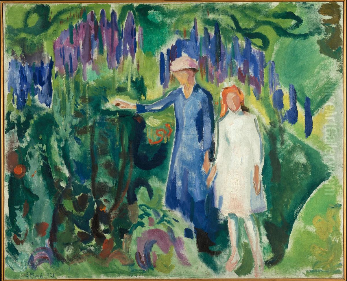 Mother and Daughter in the Garden Oil Painting by Edvard Munch