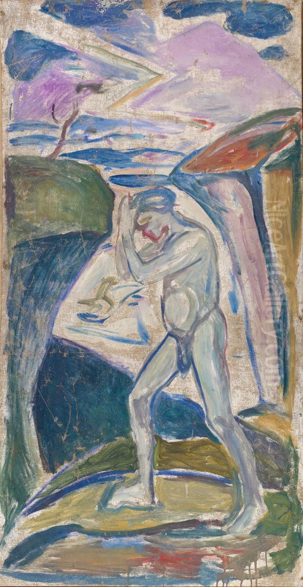 Naked Man in Rocky Landscape Oil Painting by Edvard Munch