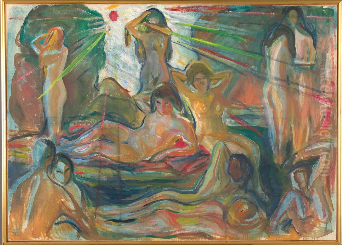 Naked Figures and Sun Oil Painting by Edvard Munch