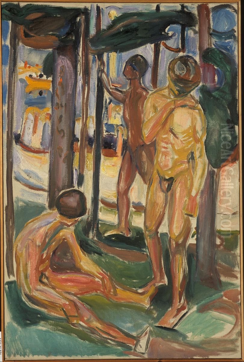 Naked Men in Landscape Oil Painting by Edvard Munch