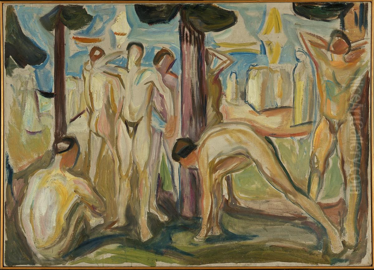 Naked Men in Landscape Oil Painting by Edvard Munch