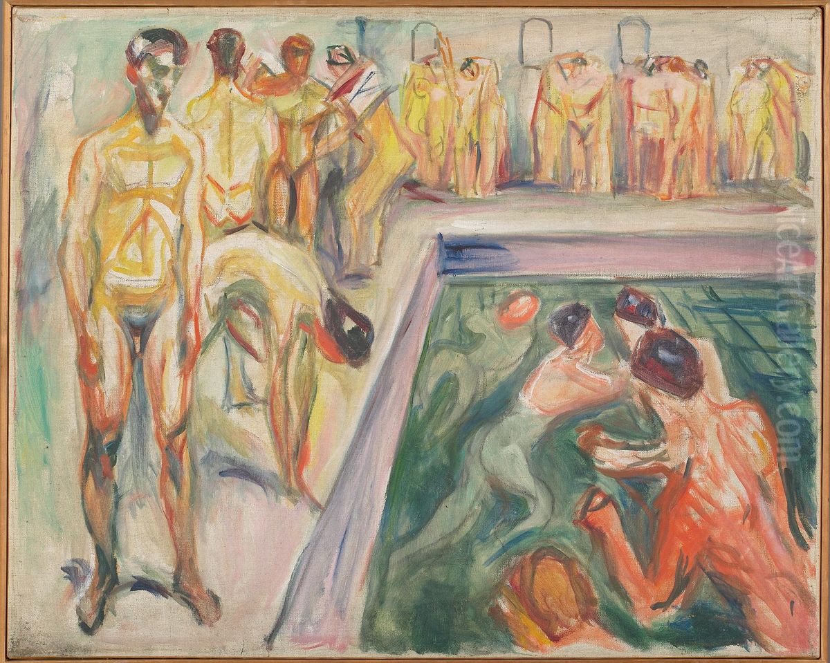 Naked Men in Swimming Pool Oil Painting by Edvard Munch