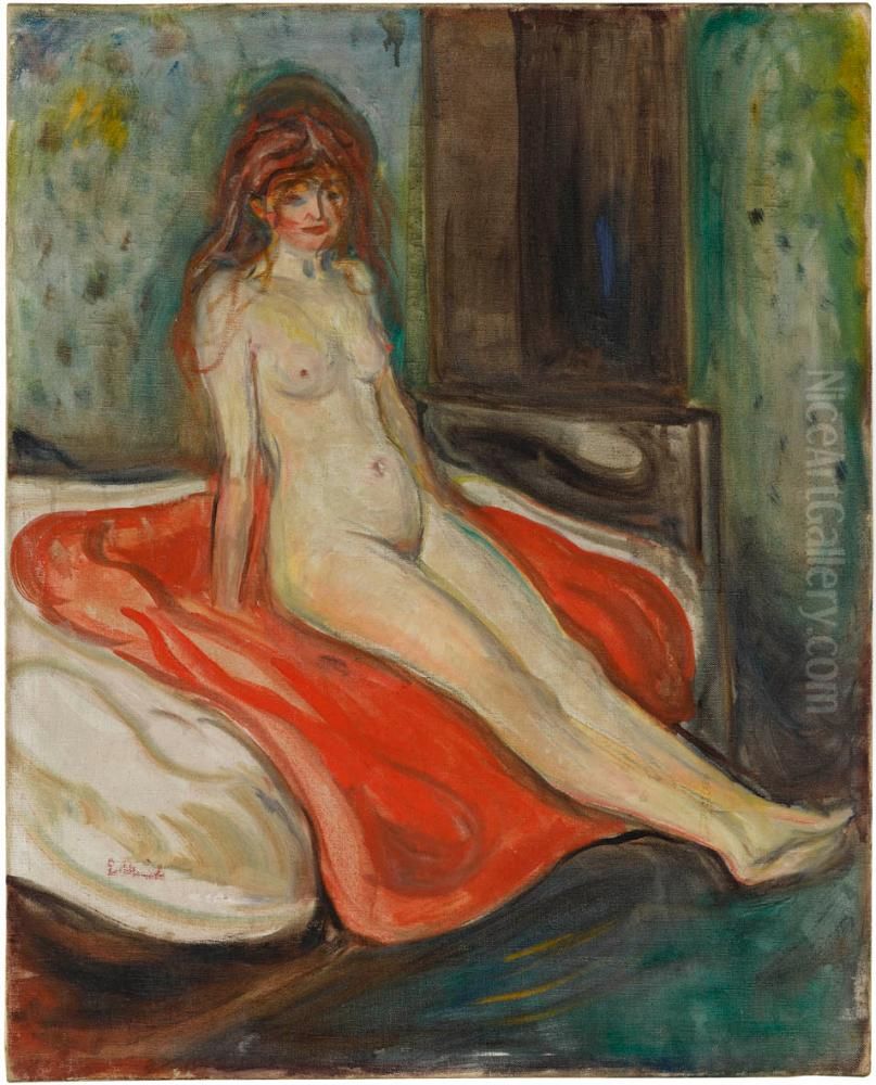 Nude Girl on a Red Cloth Oil Painting by Edvard Munch