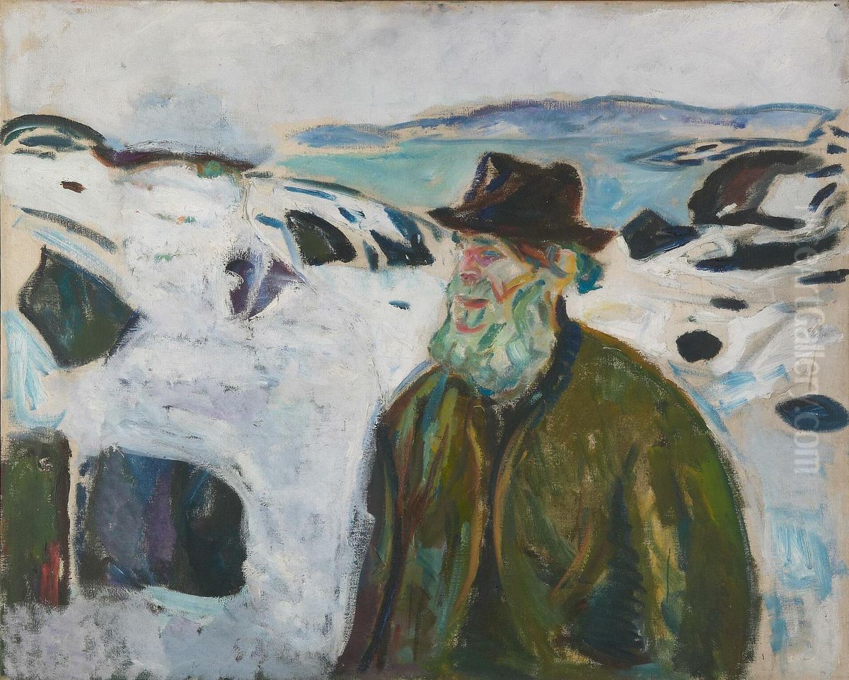Old Fisherman on Snow-covered Coast Oil Painting by Edvard Munch