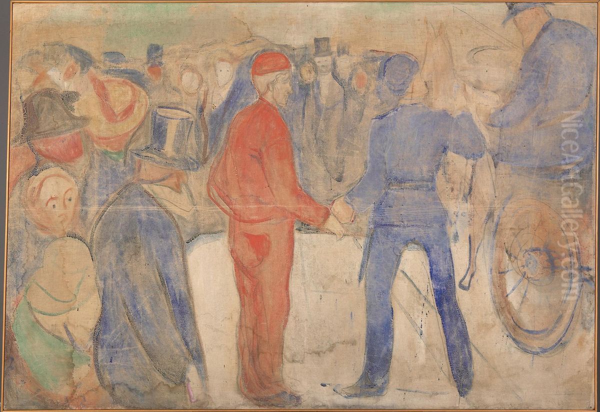 People Gathering around a Man in Red Oil Painting by Edvard Munch