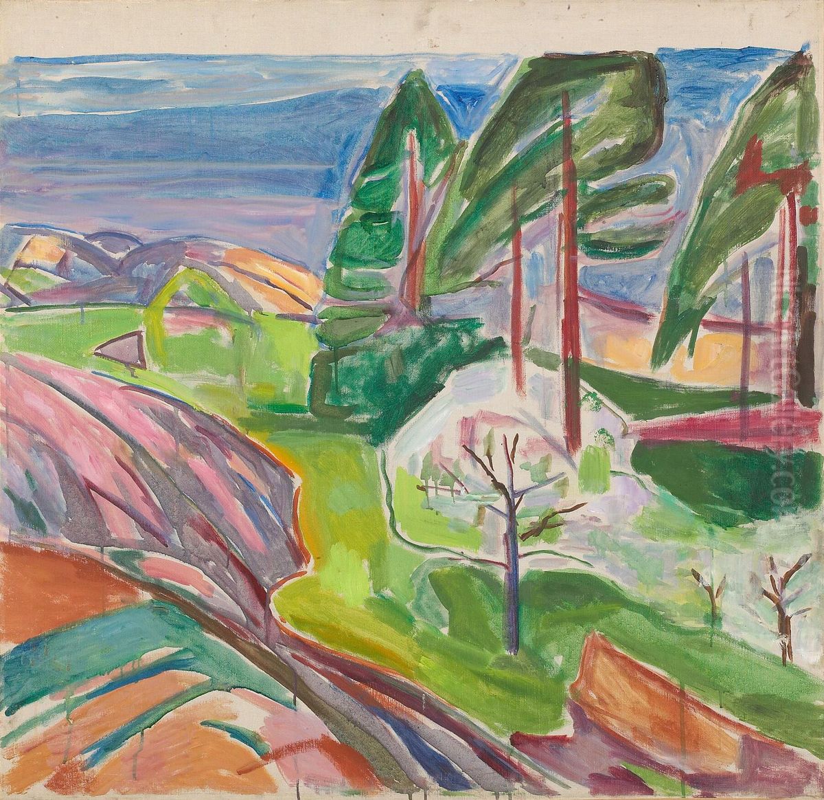 Pine Trees and Fruit Trees in Blossom Oil Painting by Edvard Munch