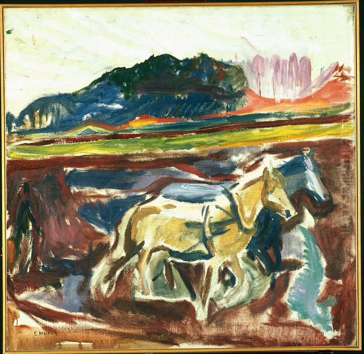 Ploughing Horses Oil Painting by Edvard Munch