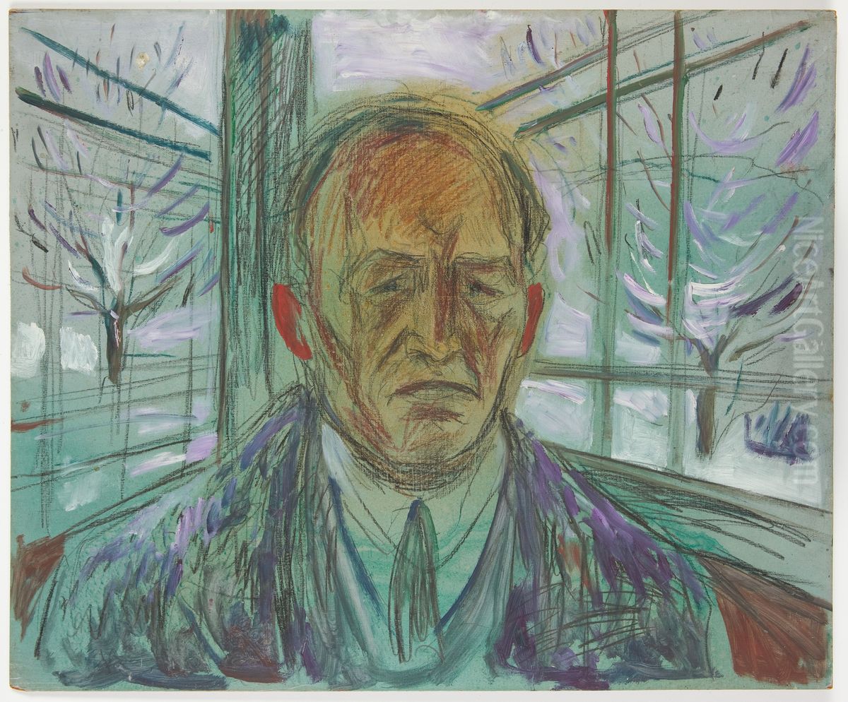 Self-Portrait on the Glass Veranda Oil Painting by Edvard Munch
