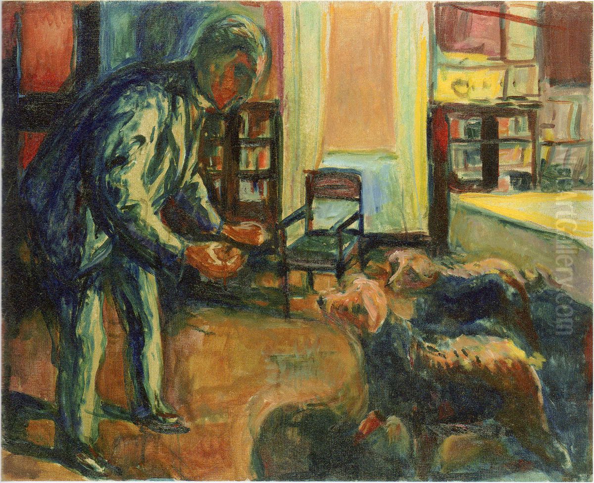 Self-Portrait with Dogs Oil Painting by Edvard Munch