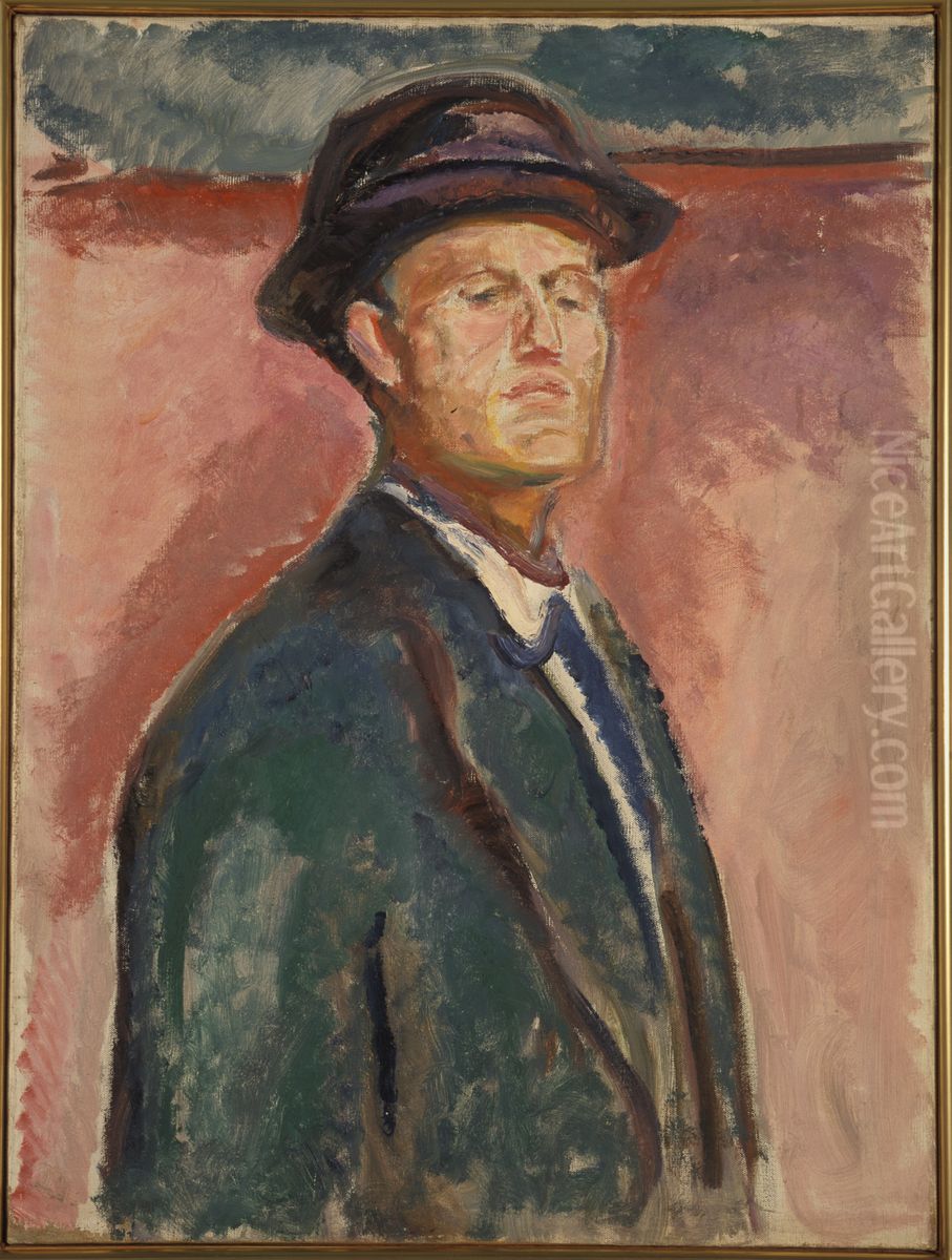 Self-Portrait with Hat Oil Painting by Edvard Munch
