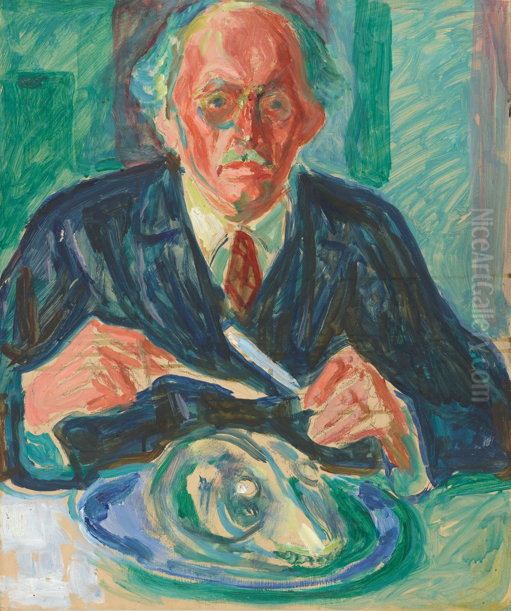 Self-Portrait, with a Cod's Head on the Plate Oil Painting by Edvard Munch