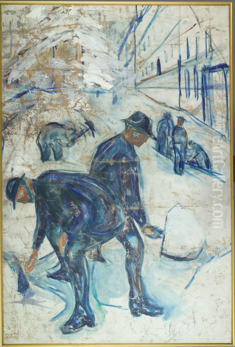 Snow Shovellers on the Building Site Oil Painting by Edvard Munch