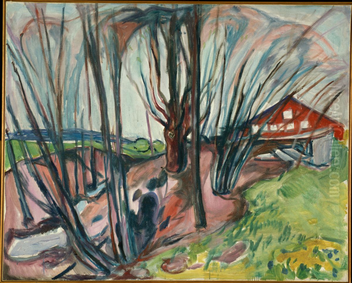 Spring Landscape with Red House Oil Painting by Edvard Munch