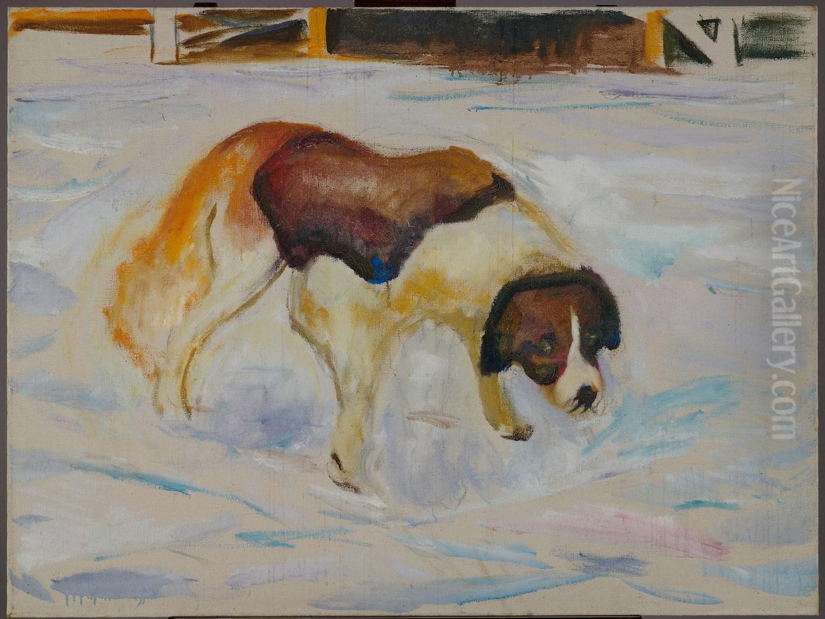 St. Bernard Dog in Snow Oil Painting by Edvard Munch
