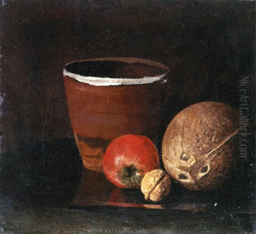 Still LIfe with Jar, Apple, Walnut and Coconut Oil Painting by Edvard Munch