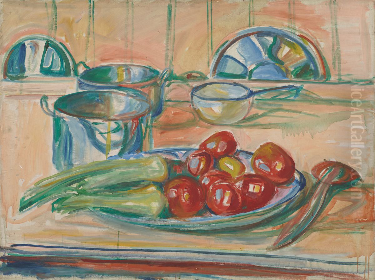 Still Life with Tomatoes, Leek and Casseroles Oil Painting by Edvard Munch