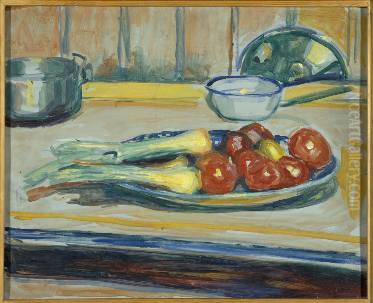 Still Life with Tomatoes, Leek and Casseroles Oil Painting by Edvard Munch