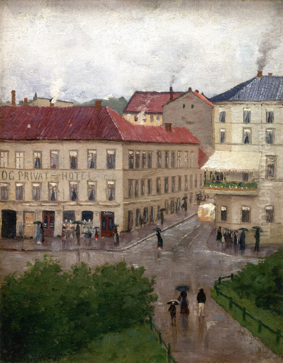 Street Corner on Karl Johan, Grand Cafe Oil Painting by Edvard Munch