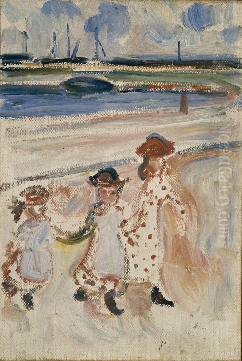 Three Small Girls on the Beach Oil Painting by Edvard Munch