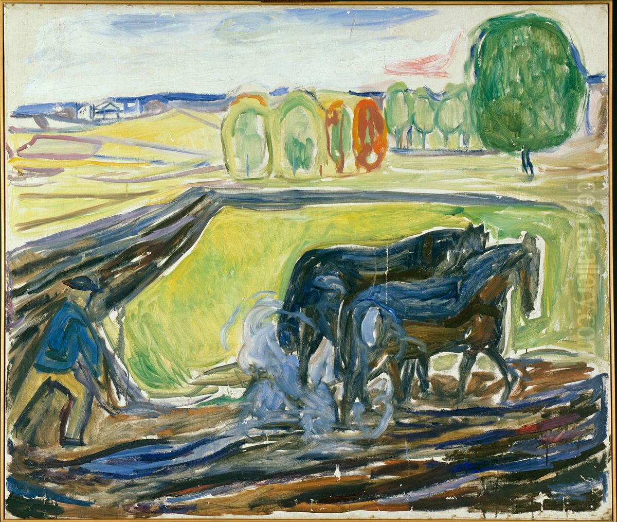 Two Black Horses at the Plough Oil Painting by Edvard Munch