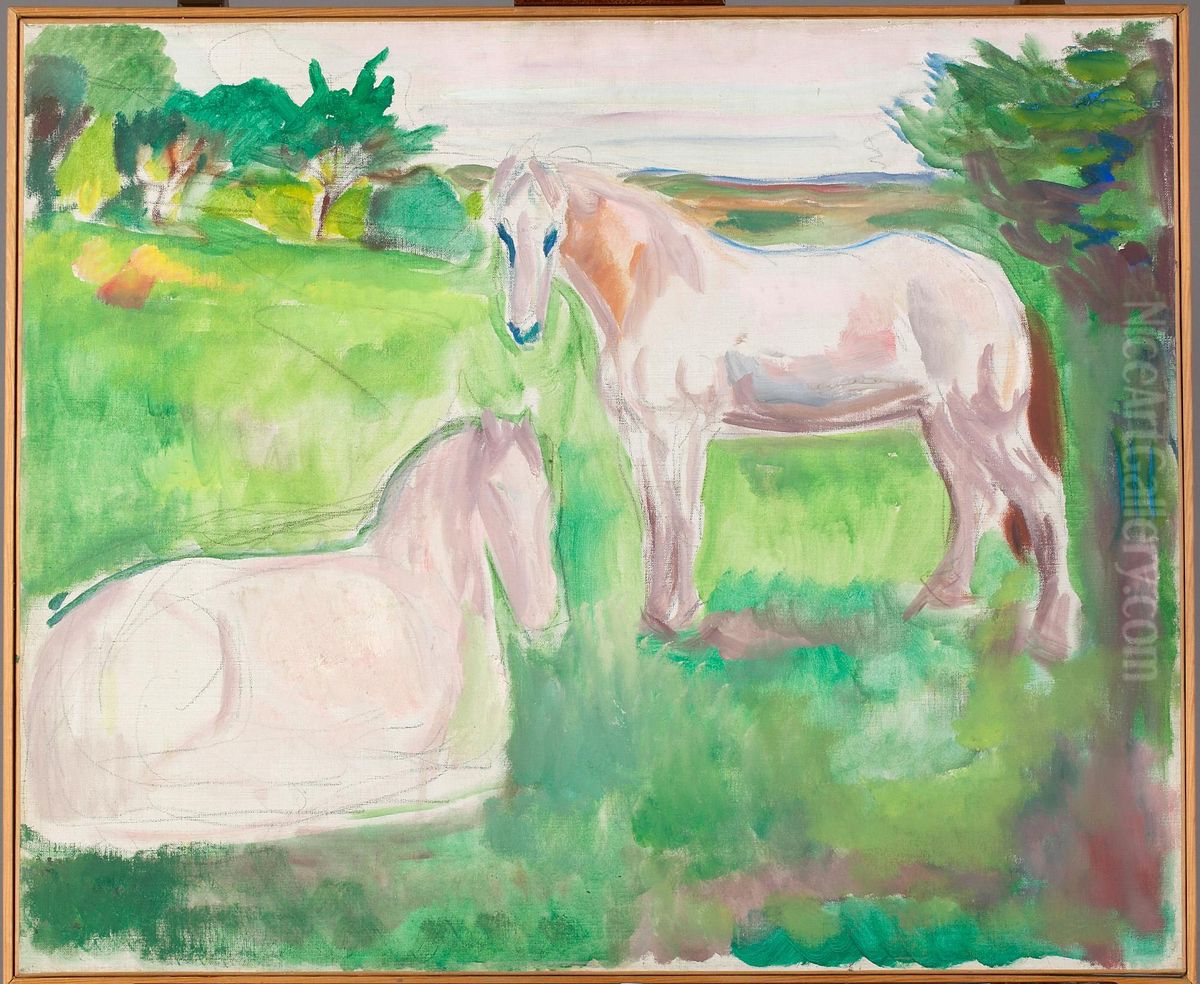Two White Horses in a Green Meadow Oil Painting by Edvard Munch