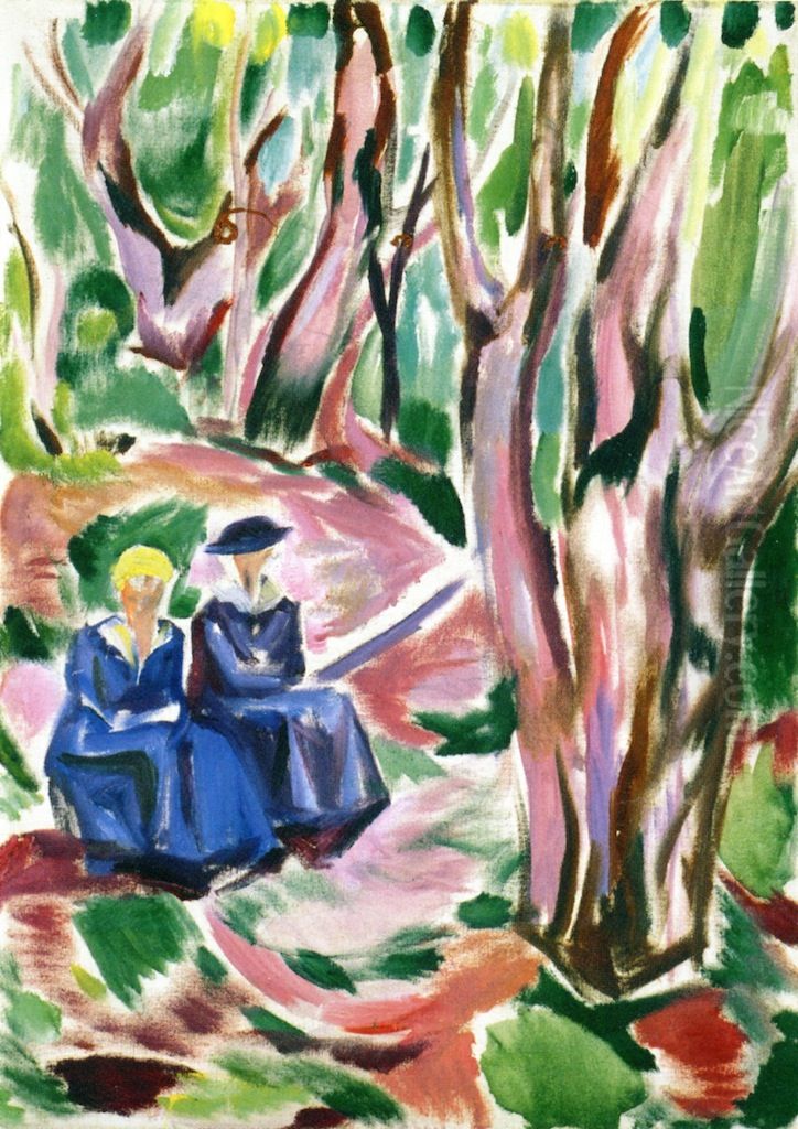 Two women in the woods at Ekely Oil Painting by Edvard Munch