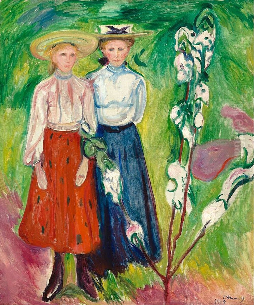Two Girls under an Apple Tree in Bloom Oil Painting by Edvard Munch