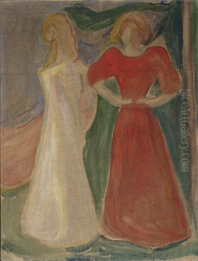 Two Young Women in Red and White (The Reinhardt Frieze) Oil Painting by Edvard Munch