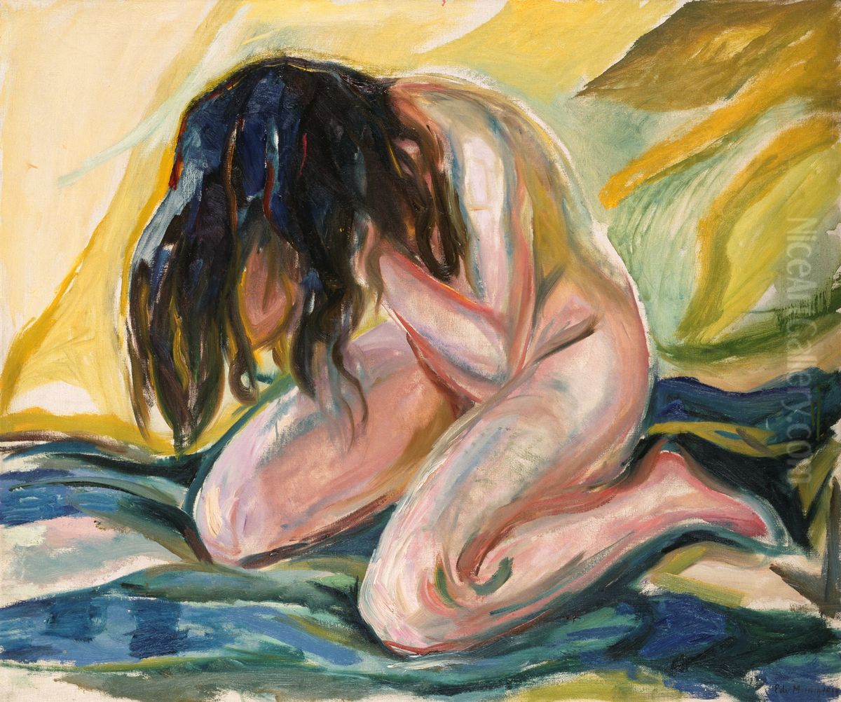 Kneeling Female Nude Oil Painting by Edvard Munch