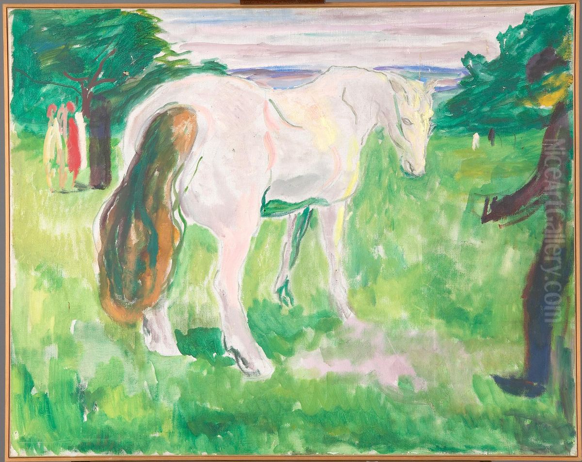 White Horse in a Green Meadow Oil Painting by Edvard Munch