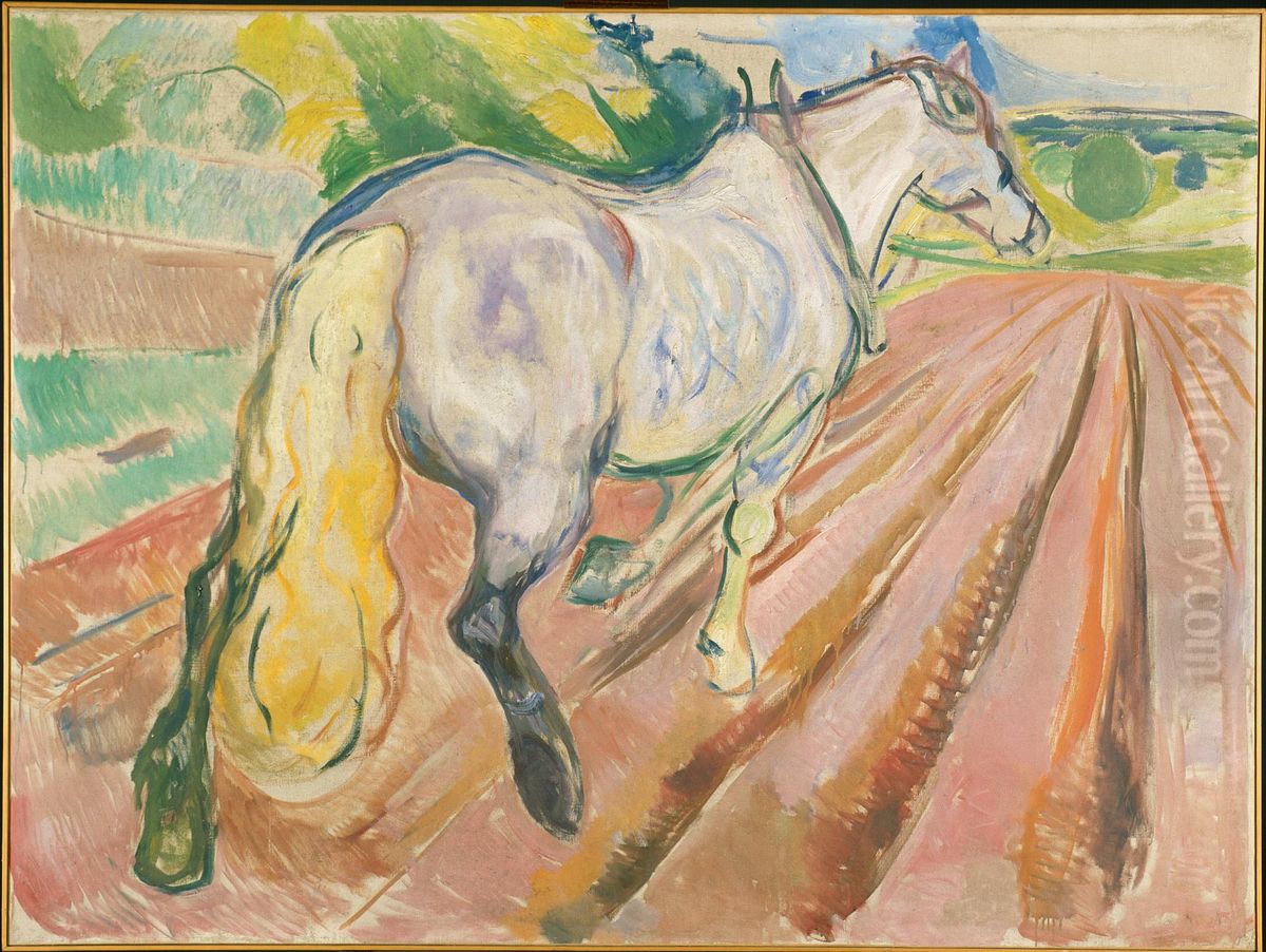 White Horse Seen from the Rear Oil Painting by Edvard Munch
