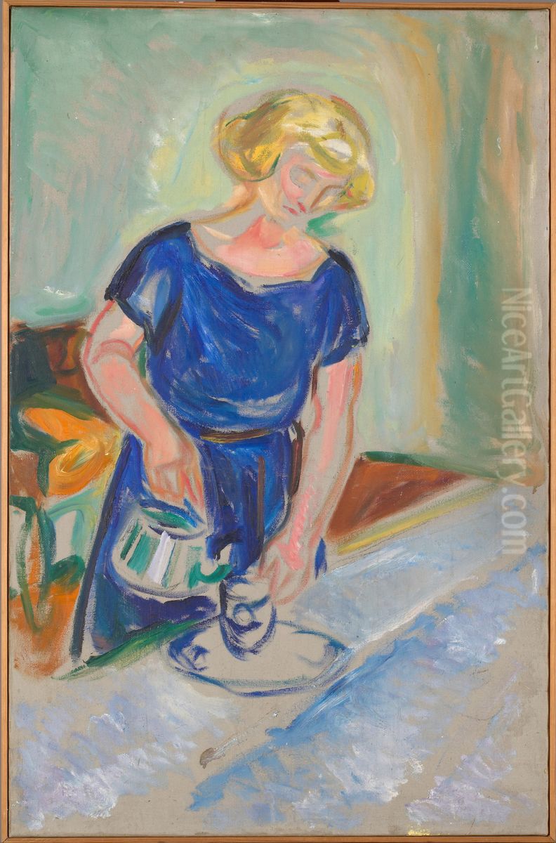 Woman in a Blue Dress Pouring Coffee Oil Painting by Edvard Munch