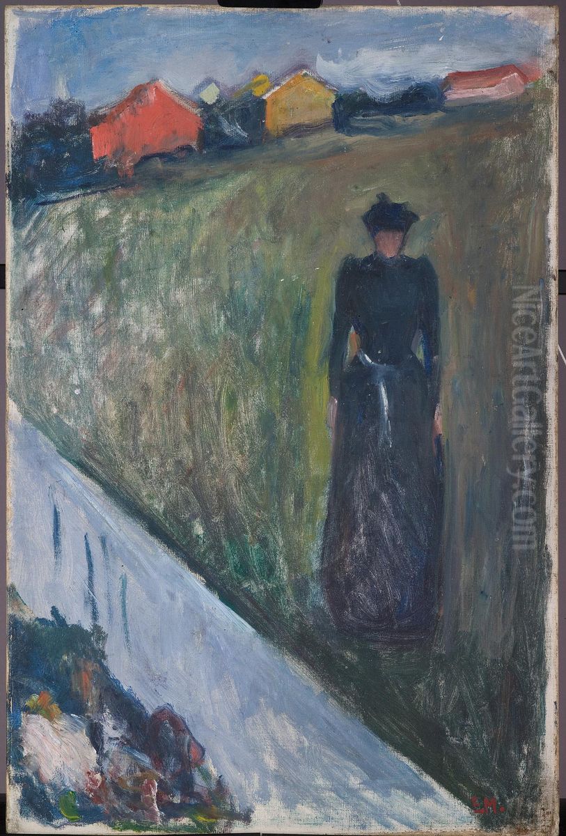 Woman in Evening Landscape Oil Painting by Edvard Munch