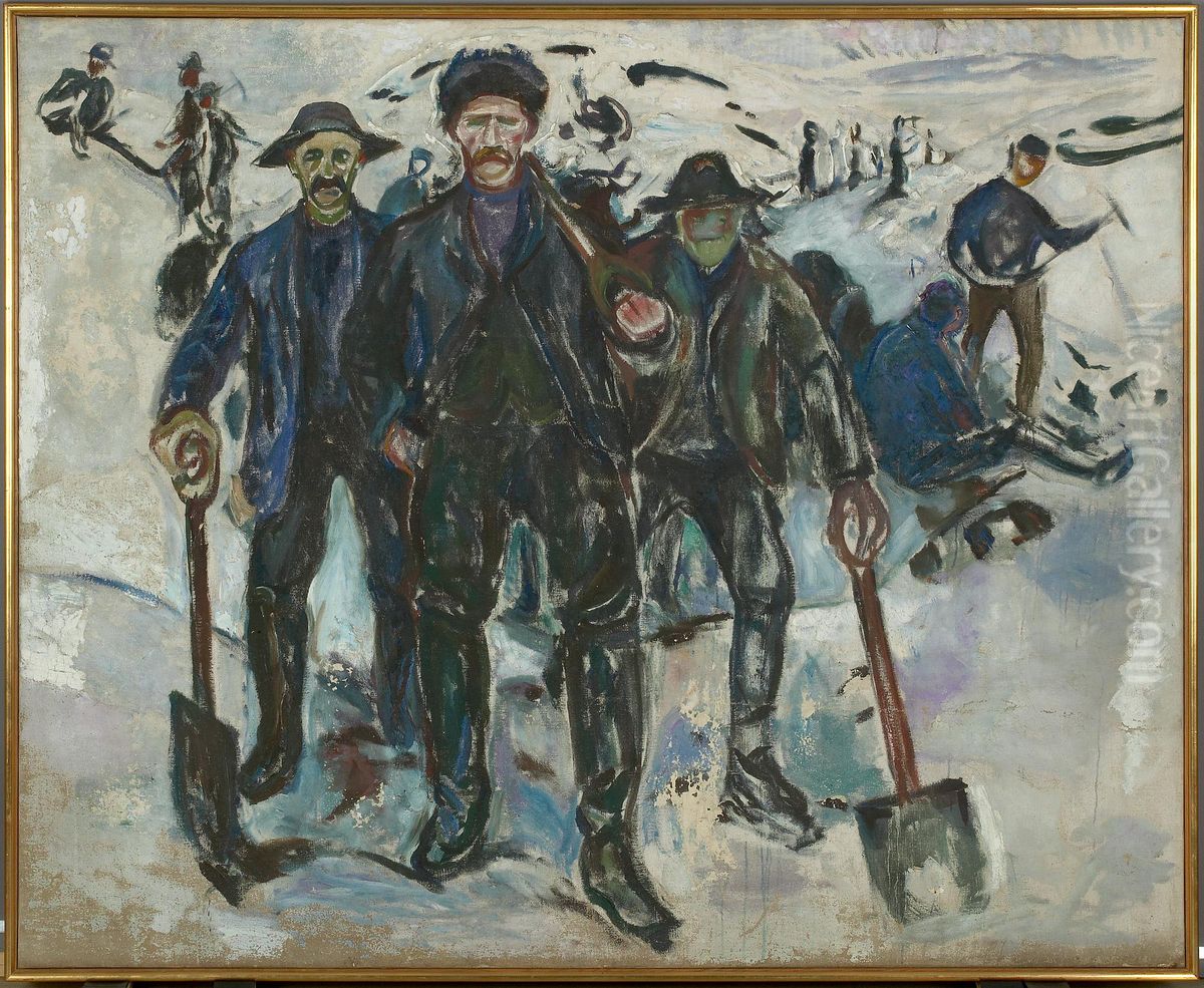 Workers in Snow Oil Painting by Edvard Munch