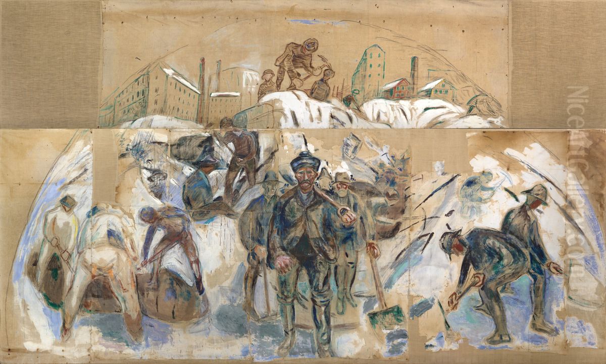 Workers on the Building Site. Draft for a Decoration of Oslo City Hall Oil Painting by Edvard Munch