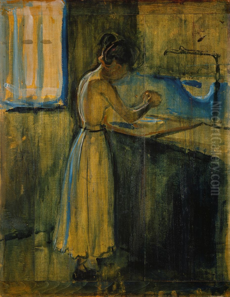 Young Woman Washing herself Oil Painting by Edvard Munch