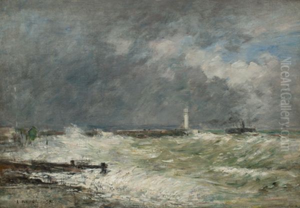 Zwischen den Wellenbrechern bei Flut in Le Havre Oil Painting by Eugene Louis Boudin