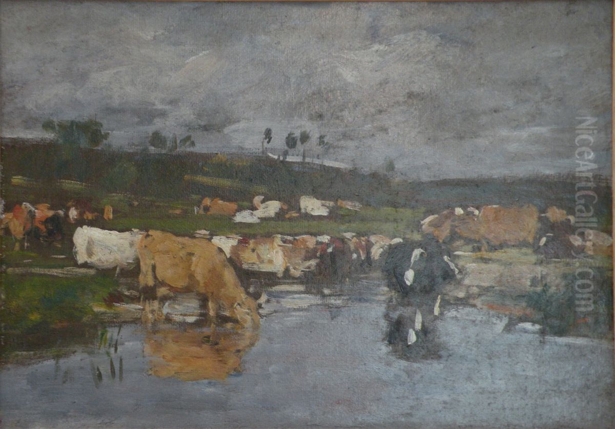 Paysage Nombreuses vaches a l'herbage Oil Painting by Eugene Louis Boudin