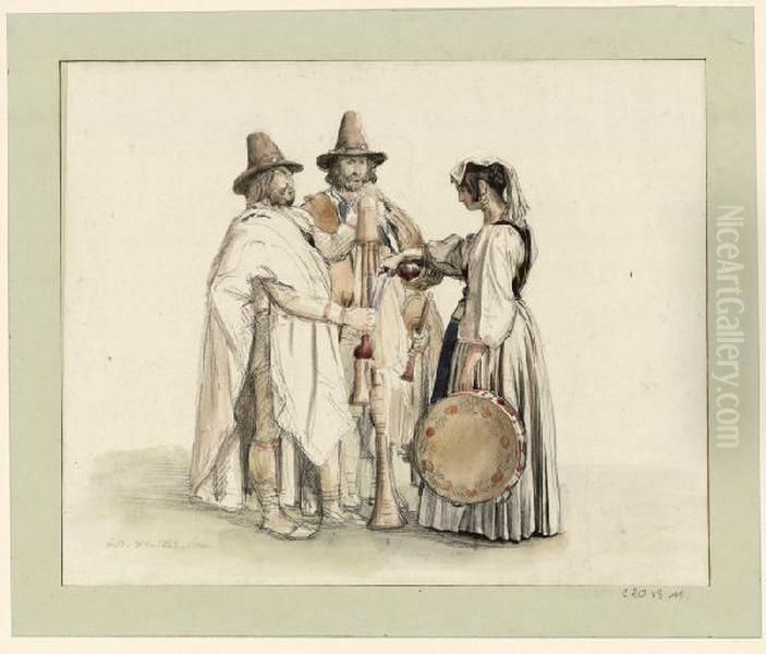 Young woman with a tambourine serving wine Oil Painting by Guillaume Bodinier