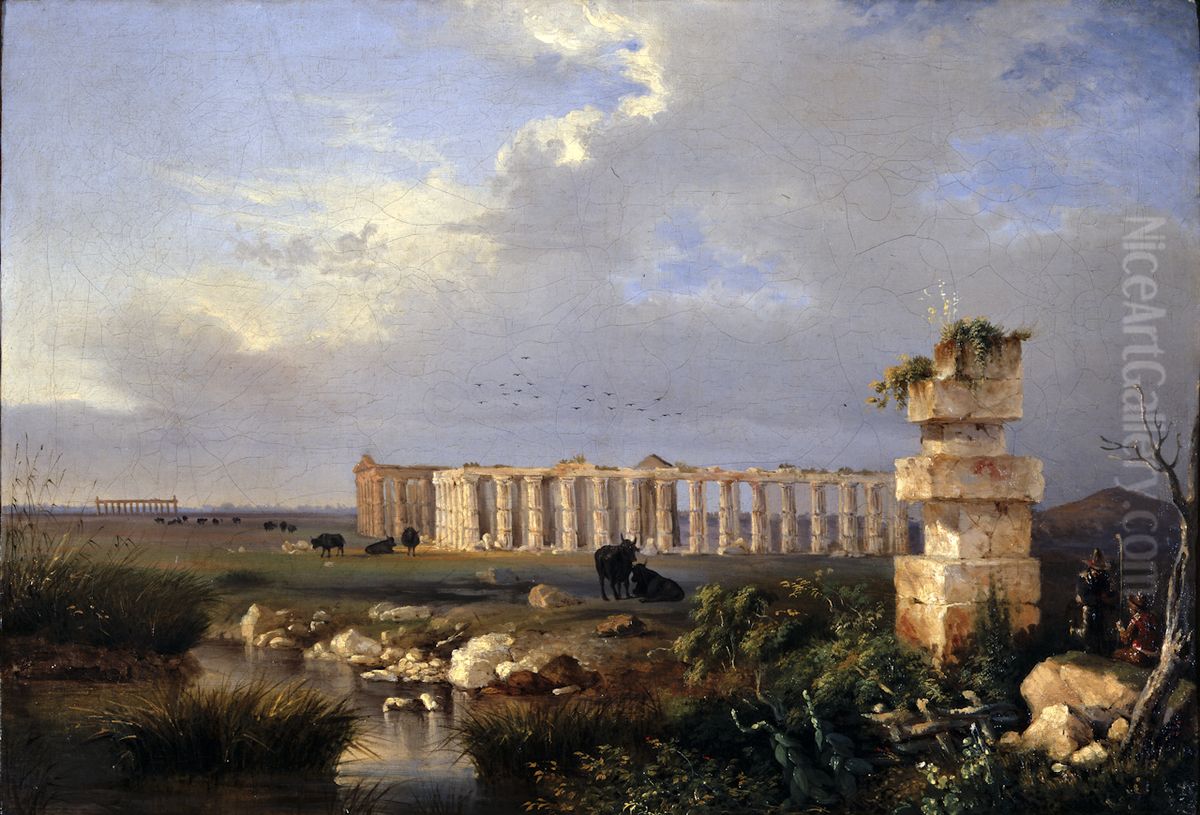 Temples of Paestum Oil Painting by Antonie Sminck Pitloo