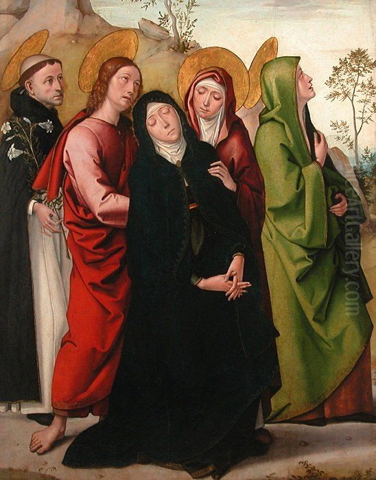 The Virgin, Saint John the Evangelist, two female saints and Saint Dominic de Guzman Oil Painting by Juan de Borgona