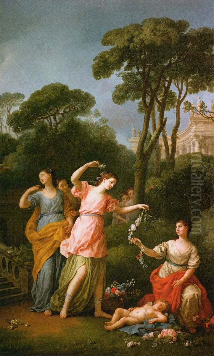 Jeunes grecques parant de fleurs l'Amour endormi Oil Painting by Joseph-Marie Vien