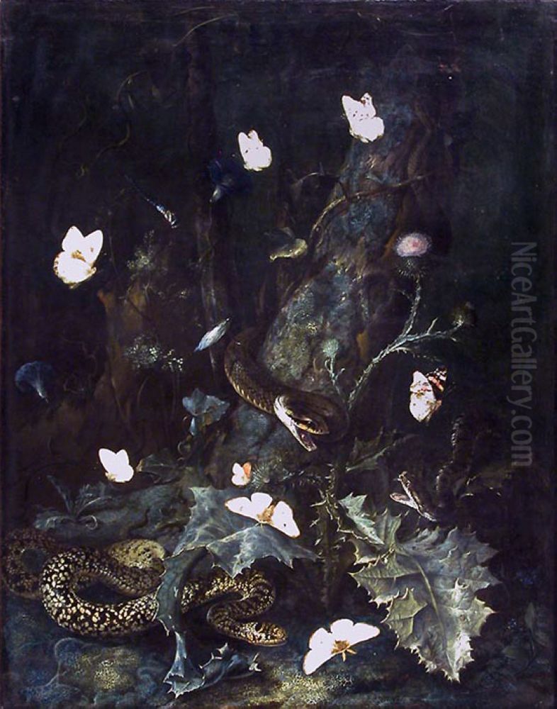 Snakes and butterflies Oil Painting by Otto Marseus van Schrieck