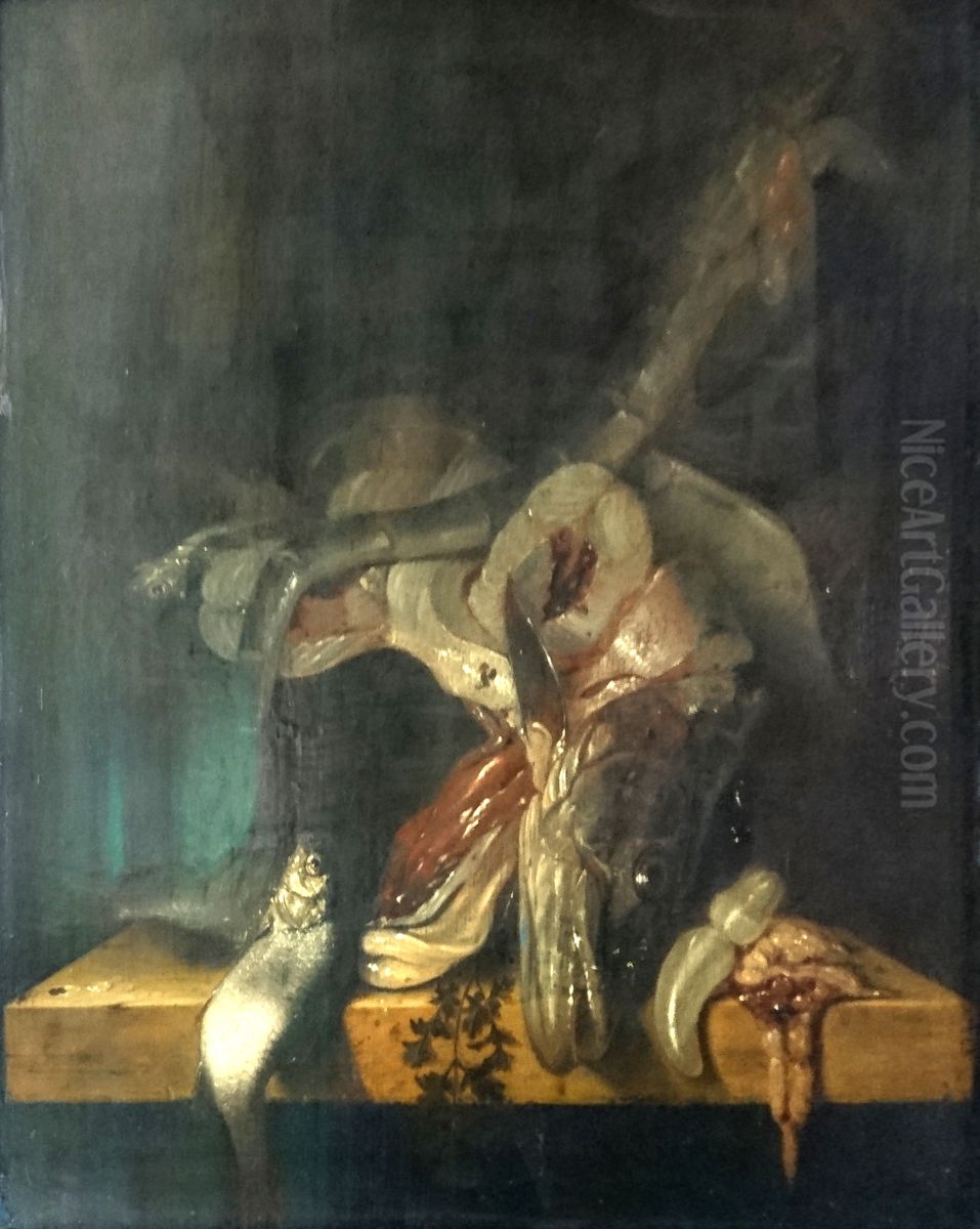 Poissons morts debordant d'un panier pose sur une tablette de pierre Oil Painting by Jacob Gillig