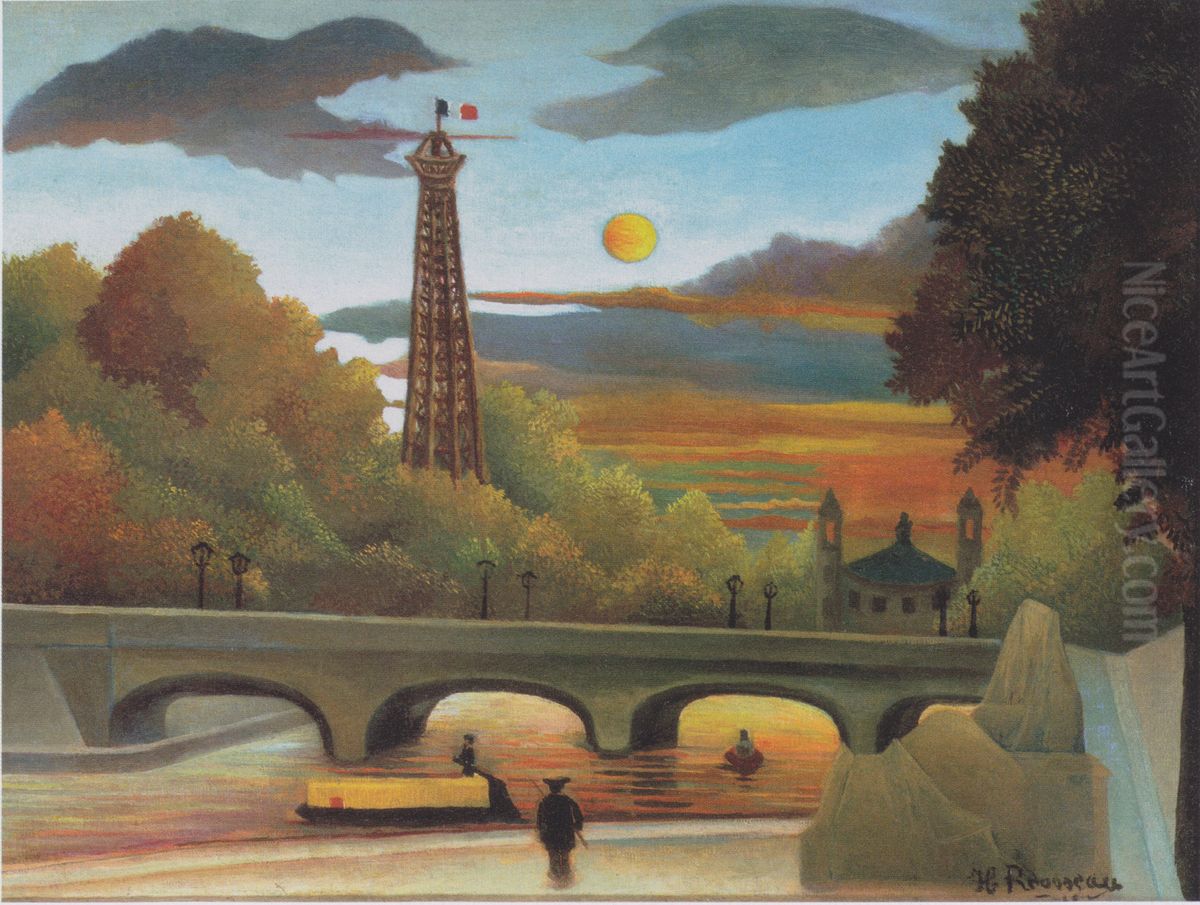 Seine and Eiffel-tower in the sunset Oil Painting by Henri Julien Rousseau