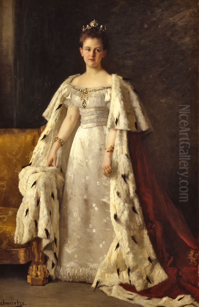 Portrait of Queen Wilhelmina in coronation robes Oil Painting by Therese Schwartze