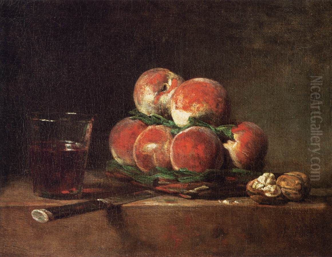 Basket of Peaches, with Walnuts, Knife and Glass of Wine Oil Painting by Jean-Baptiste-Simeon Chardin