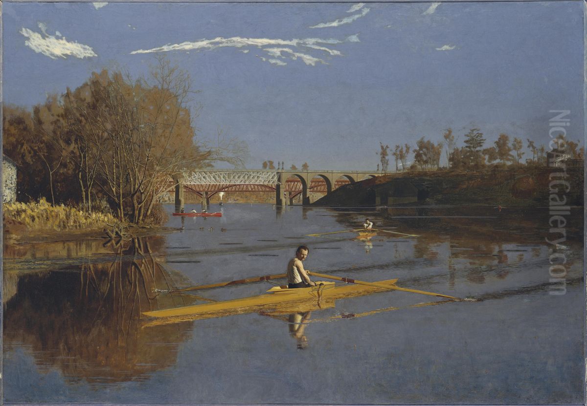 Max Schmitt in a Single Scull (The Champion Single Sculls) Oil Painting by Thomas Cowperthwait Eakins