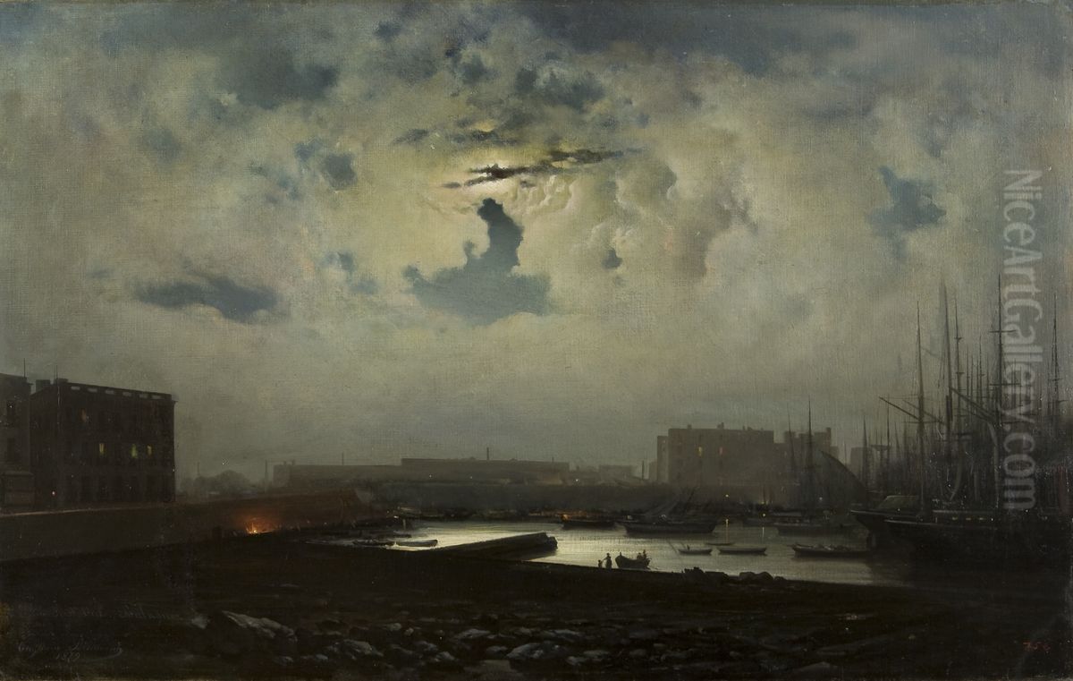 Efecte de lluna al port de Barcelona Oil Painting by Gaieta Benavent i Rocamora