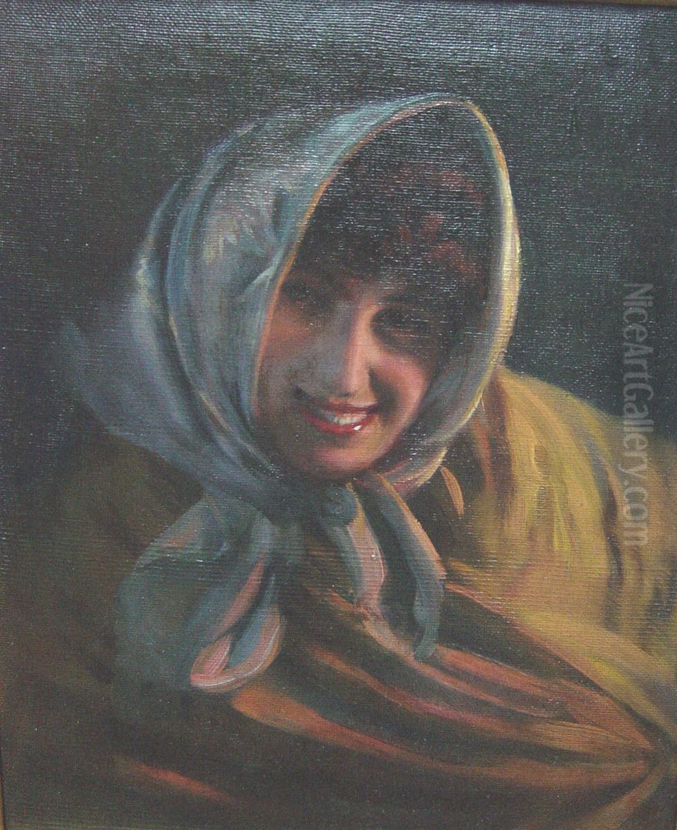 Girl with Shawl and Headscarf Oil Painting by Manuel Cusi i Ferret